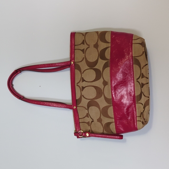 Coach Pink and Brown Purse Signature Stripe Tote - Picture 2 of 6